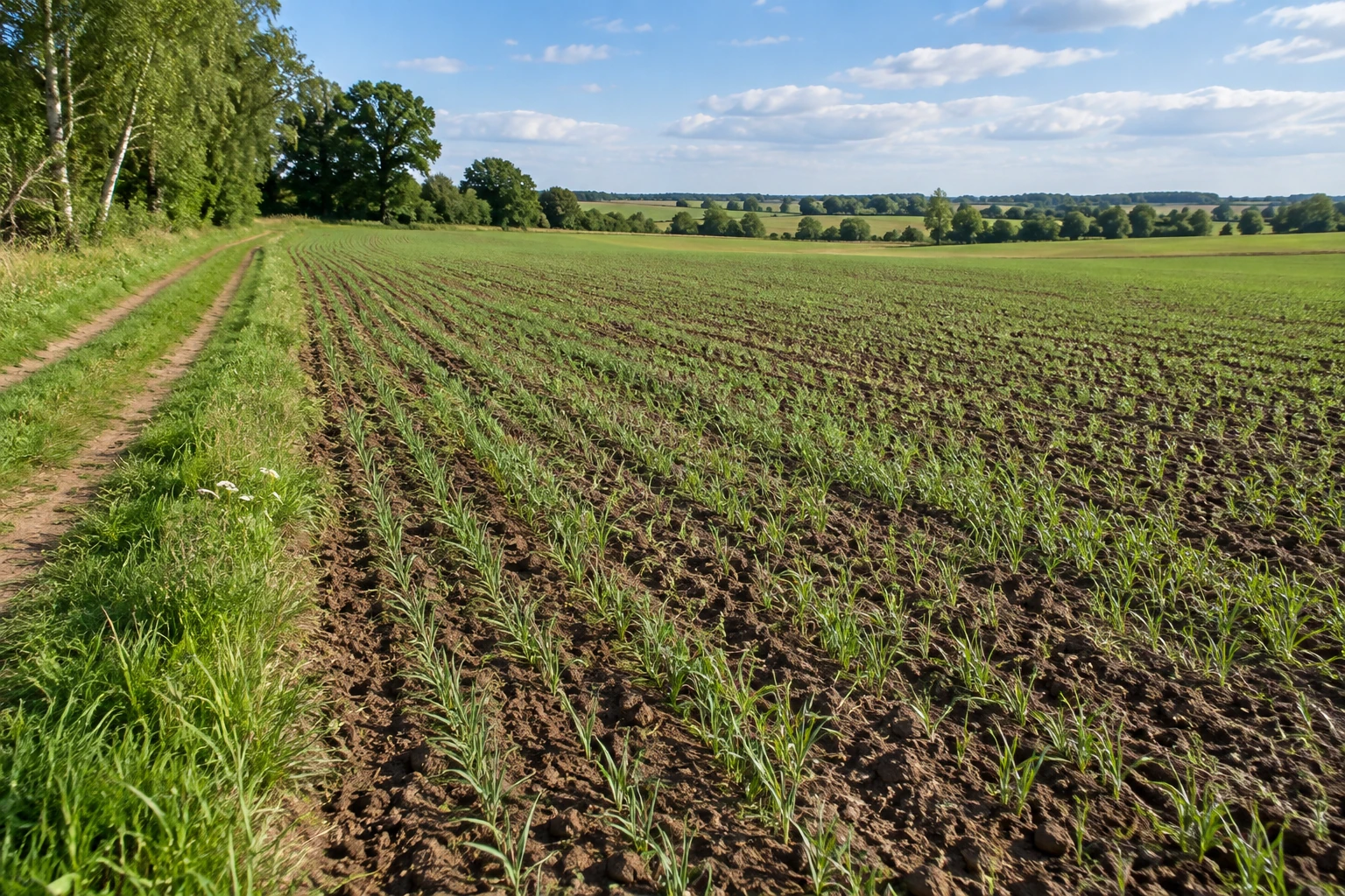 Rows of young plants in open soil beside a farm track