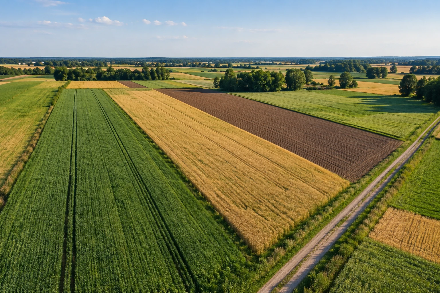 Different long field strips with tracks and rows of trees seen from above